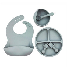 (Light Grey) 6 Pcs Baby Silicone Bib Divided Dinner Plate Suction Bowl Spoon Fork Set Training Feeding Food Utensil Dishes Tableware Brick red