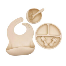 (off white) 6 Pcs Baby Silicone Bib Divided Dinner Plate Suction Bowl Spoon Fork Set Training Feeding Food Utensil Dishes Tableware Brick red