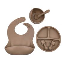 (Brown) 6 Pcs Baby Silicone Bib Divided Dinner Plate Suction Bowl Spoon Fork Set Training Feeding Food Utensil Dishes Tableware Brick red