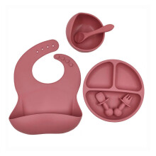 (Brick red) 6 Pcs Baby Silicone Bib Divided Dinner Plate Suction Bowl Spoon Fork Set Training Feeding Food Utensil Dishes Tableware Brick red