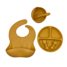 (Ginger) 6 Pcs Baby Silicone Bib Divided Dinner Plate Suction Bowl Spoon Fork Set Training Feeding Food Utensil Dishes Tableware Brick red