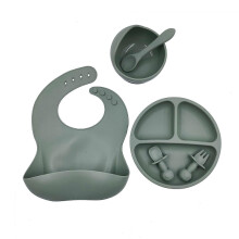 (Olive green) 6 Pcs Baby Silicone Bib Divided Dinner Plate Suction Bowl Spoon Fork Set Training Feeding Food Utensil Dishes Tableware Brick red