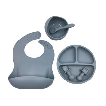 (grey blue) 6 Pcs Baby Silicone Bib Divided Dinner Plate Suction Bowl Spoon Fork Set Training Feeding Food Utensil Dishes Tableware Brick red