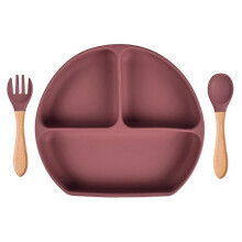 (Y16) Baby Food Grade Silicone Feeding Plate with Matching Wooden Handle Spoon Fork