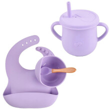 (Purple) Silicone Baby Feeding Set Tableware Set Toddler Dining Plate Set Containing Baby Suction Cup Bowl Baby Spoon Bib and Cup Purple