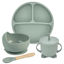 (14) 4 Pcs Baby Silicone Divided Dinner Plate Suction Bowl Spoon Straw Cup Set Training Feeding Food Utensil Dishes
