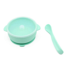 (Mint Green) 2 Pcs BPA Free Silicone Waterproof Baby Suction Bowl with Lid Training Spoon Set Non-Slip Learning Feeding Food Dish Mint Green