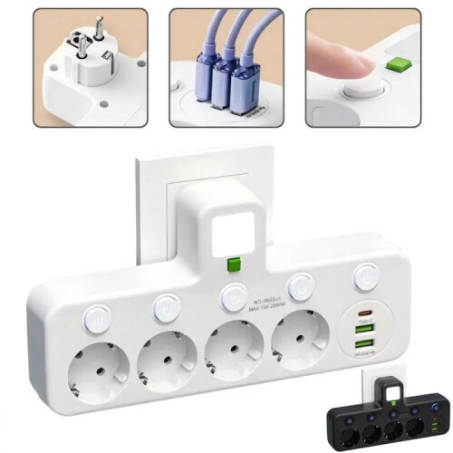 Πρίζα τοίχου με 4 πρίζες, 2 θύρες USB-A και 1 θύρα USB-C, μεμονωμένους διακόπτες, για υ 1