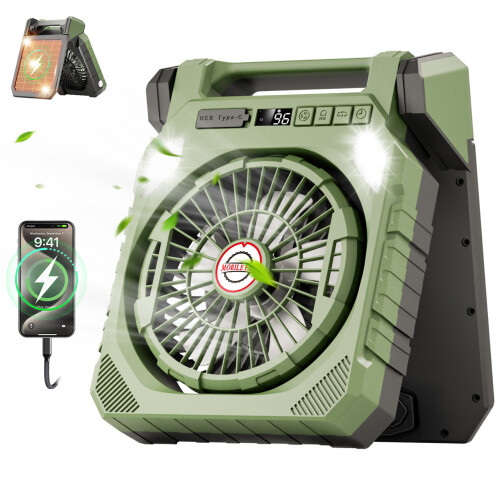Rechargeable Solar Panel Fan with Double Doors, 13-Hour Runtime, Quiet Operation for Camping Outdoors