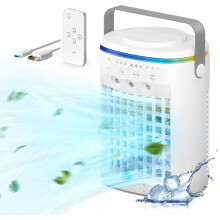 4-i-1 bærbar køleventilator med luftfugter, 3 hastigheder, 3 tilstande, 2 til 8 timers timer, fjernbetjening, personlig aircondition