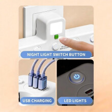 Enchufe de pared con 4 tomas, 2 puertos USB-A y 1 puerto USB-C, interruptores individuales, para dormitorio, cocina y escritorio.