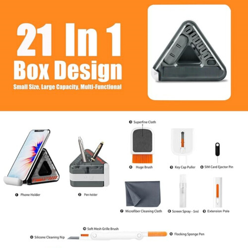 Electronics Cleaning Kit with Spray, Microfiber Cloth and Brush, 21-in-1 Cleaning Tools, Triangle Design 1