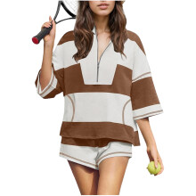 Zippered Women Lounge Wear Set Striped T Shirt-Dark Brown XL