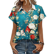 Women's Button-Down Shirts, Short Sleeve, V-Neck,-Lavender XL