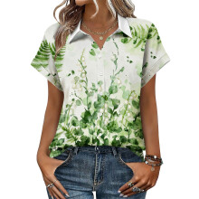 Women's Button-Down Shirts, Short Sleeve, V-Neck,-Green XL