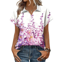 Women's Button-Down Shirts, Short Sleeve, V-Neck,-Pink S