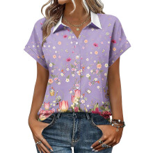 Women's Button-Down Shirts, Short Sleeve, V-Neck,-Purple S
