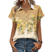 Women's Button-Down Shirts, Short Sleeve, V-Neck,-Yellow XL