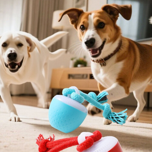 Automatic Rolling Dog Toy Chewable Squeaky Rope Ball For-Red 2