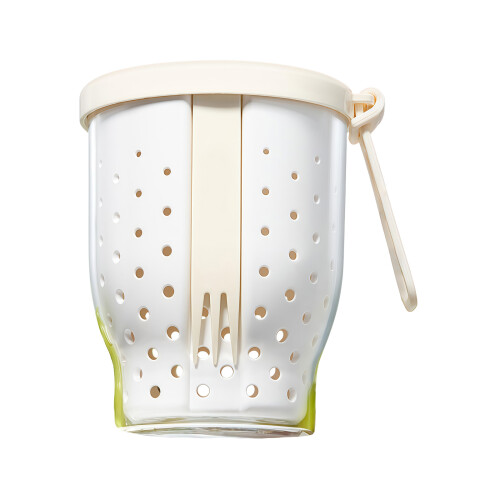 Snackcontainer met siliconen handvat, vork en afvoer,-Wit