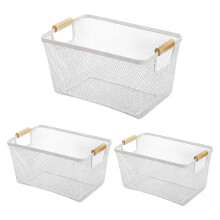 Moderne look, 3-delige opbergmandenset met houten elementen-Wit