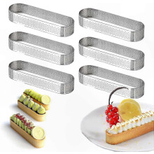 Oval Stainless Steel Tart Rings, Set of 6 Heat-Resistant Perforated Mousse Cake Molds, 13x4.5x2cm