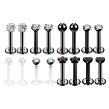 12-16 Pcs/Lot Stainless Steel Lip Labret Piercings CZ Ear Tragus Conch Piercing-Black-