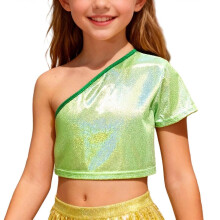AWZXDE Girls Off Shoulder Cropped Tee Micro Print Casual Top For Dance And Party Wear Playful Cute Tops For Teens Fashion Style Green,