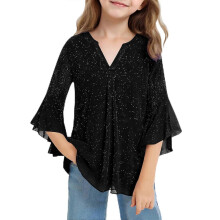 AWZXDE Girls Loose Fit Casual Blouse With Thread Mesh Collar And Petal Sleeves For Toddlers Kids