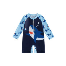 (18-24 Months, Blue) Toddler Baby Boy Rash Guard Swimsuit Shark Print Zip Up Long Sleeve Crew Neck Swimwear
