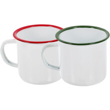 2 Stück Emaillebecher mit Henkel, 8 cm weiße Tassen mit farbigem Rand, hitzebeständige, tragbare Kaffee- und Milchbecher