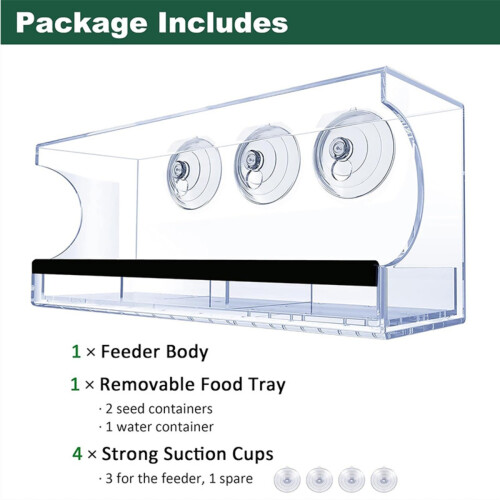 Comedero rectangular para pájaros de ventana de acrílico transparente con ventosas extrafuertes 1