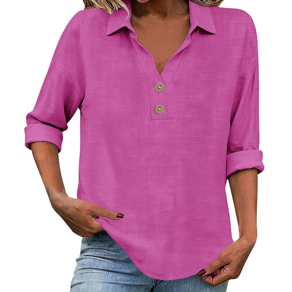 Pink Women's Linen Top With Three-Quarter Sleeves,-Rose S