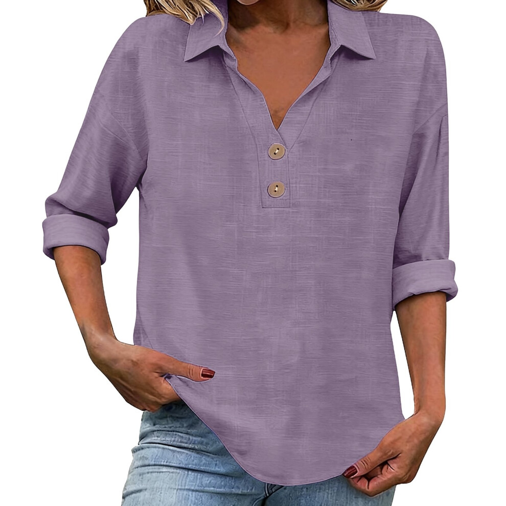 Purple Women's Linen Top With Three-Quarter Sleeves, Casual- Xxl