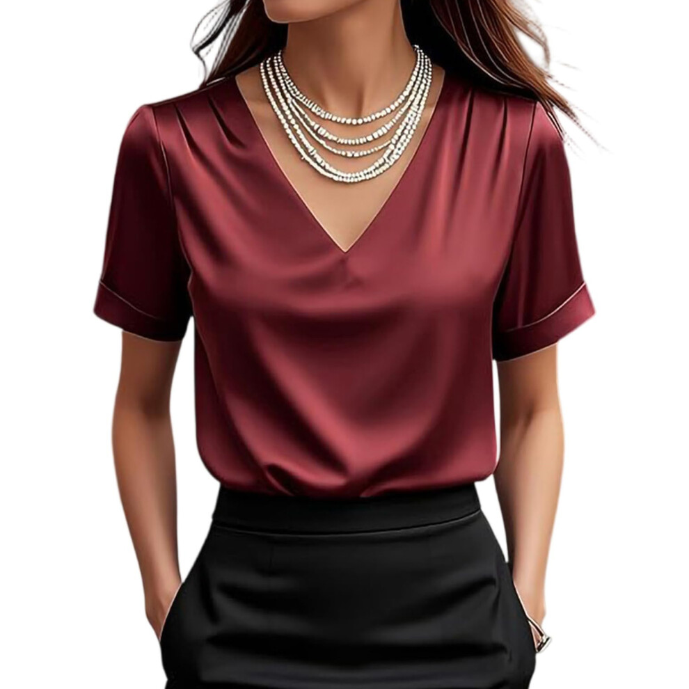 Women Fashion Clothes Dressy Casual Blouses Cap-Burgundy XXL