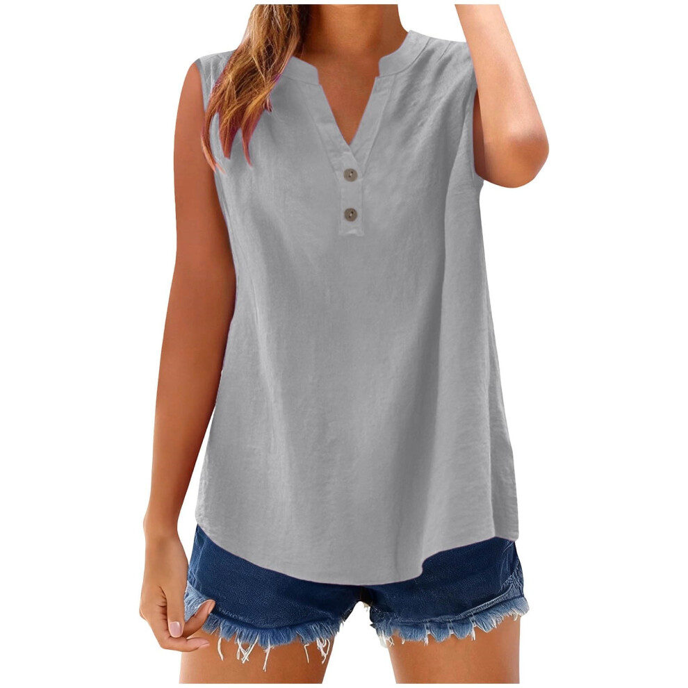 Gray Womens Sleeveless Linen Shirts Button Down Cotton V- Xl