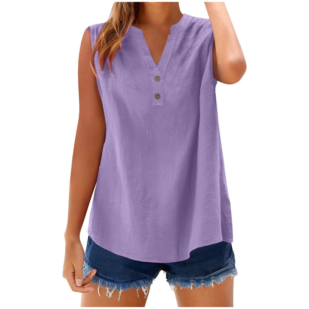 Womens Sleeveless Linen Shirts Button Down-lightpurple XXL