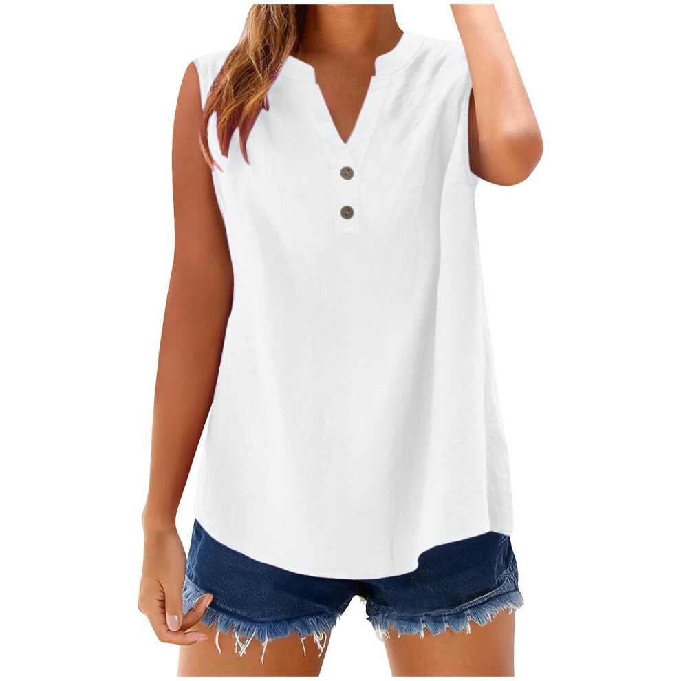 White Womens Sleeveless Linen Shirts Button Down Cotton V- Xl