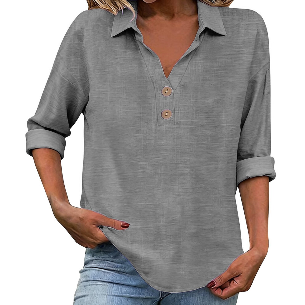 Gray Women's Linen Top With Three-Quarter Sleeves, Casual And- M