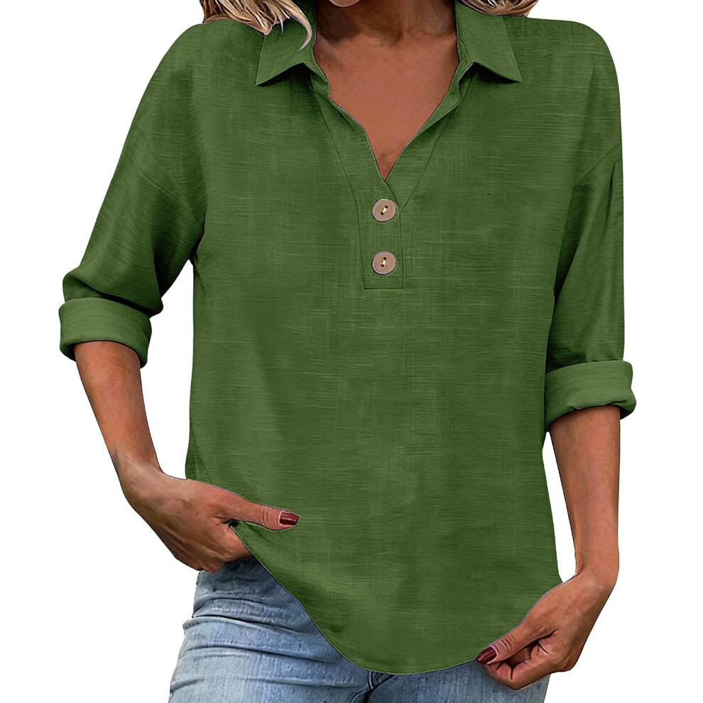 Green Women's Linen Top With Three-Quarter Sleeves, Casual- Xl