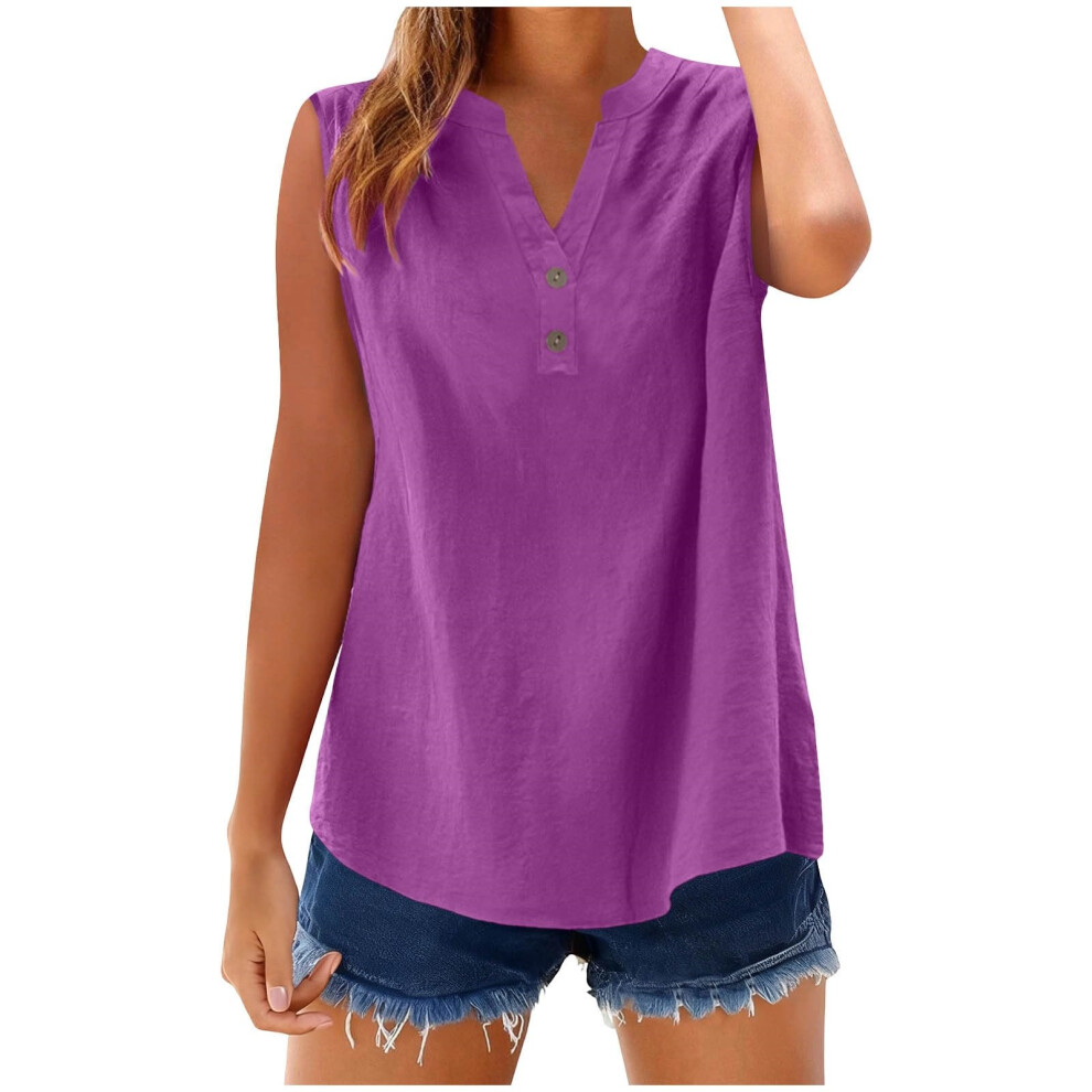 Purple Womens Sleeveless Linen Shirts Button Down Cotton V- S