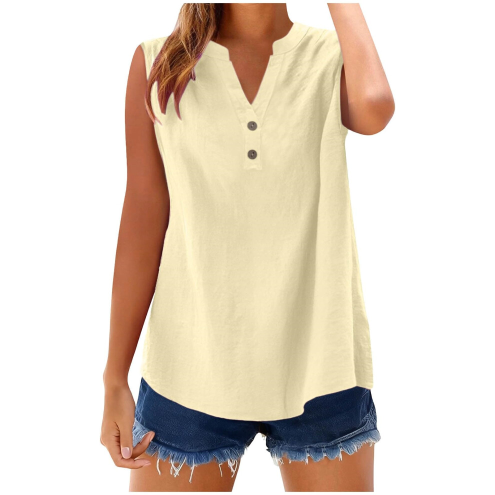 Light/Yellow Womens Sleeveless Linen Shirts Button Down- S
