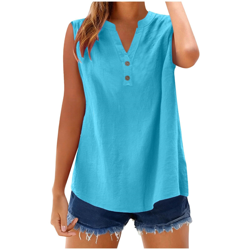 Sky Blue Womens Sleeveless Linen Shirts Button Down Cotton V- M