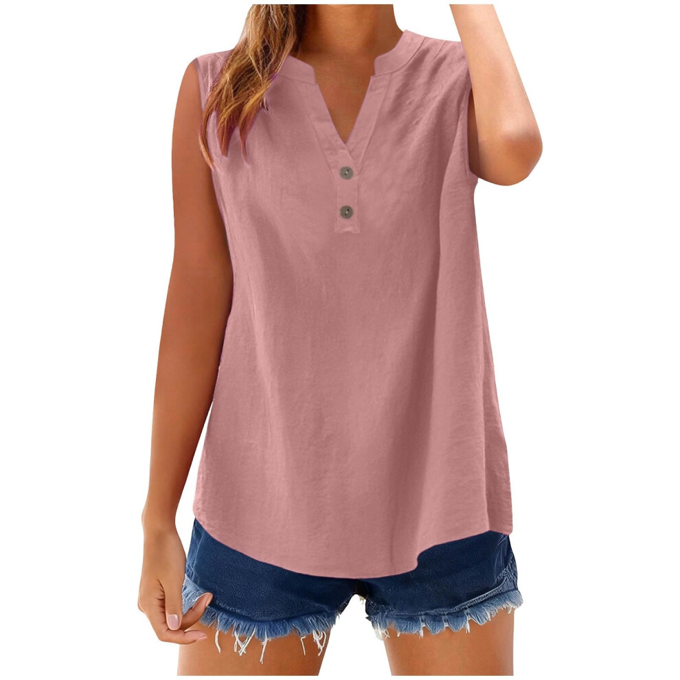 Pink Womens Sleeveless Linen Shirts Button Down Cotton V- Xl