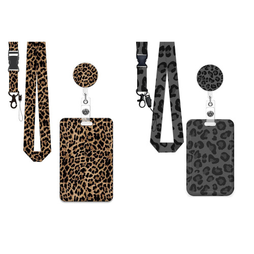 Card Protector With Removeble Lanyard-Black leopard print 2
