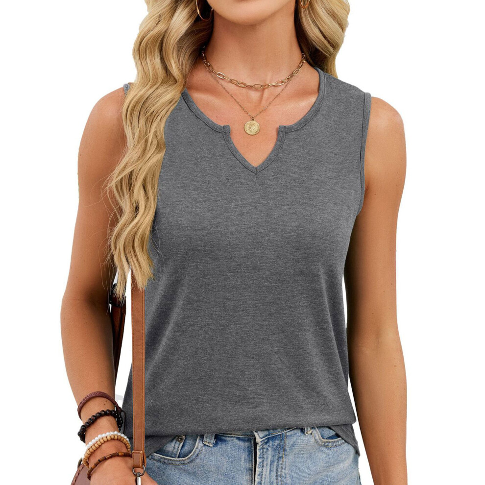Gray Women's V-Neck Vest, Casual Sleeveless Shirt- S
