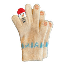 Warm Fleece Lining Knit Gloves Snowman Decoration-khaki