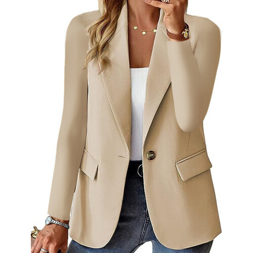 Women Long Sleeve Notched Lapel Button Work Office-apricot S