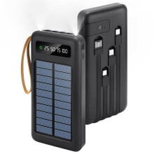 20000mAh aurinkoenergialla toimiva varavirtalähde, jossa 4 sisäänrakennettua kaapelia, 6 lähtöä, 3 tuloa, LED-näyttö ja taskulamppu