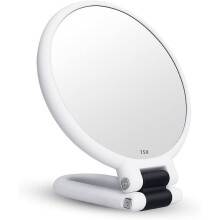 Dubbelzijdige opvouwbare make-up spiegel met handgreep, 15x vergroting, zilverkleurig, compact en handig voor dagelijks gebruik